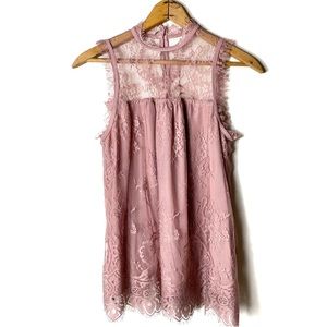Dusty Rose High Neck Sleeveless Lace Blouse Button Detail Back Romantic Boho S